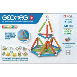 GEOMAG - SUPERCOLOR - 60 Pezzi - 100% Plastica Riciclata - Costruzioni Magnetiche per Bambini dai 3 Anni   STEM